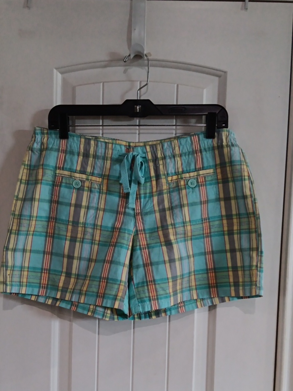 VTG Gap Coastal Pastel Plaid Cotton Shorts Size 8 Drawstring Patch Pocket